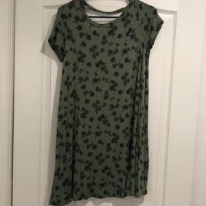 army green shift dress with black flower detail